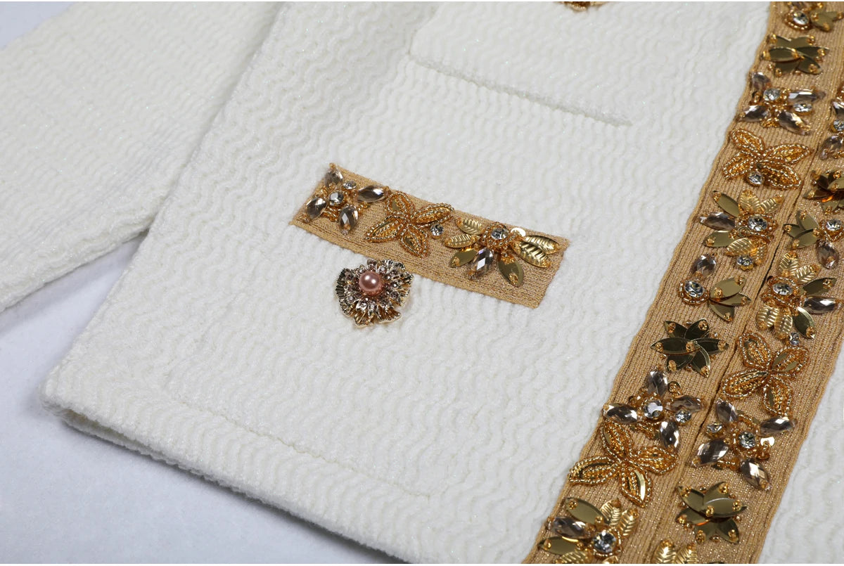 High Quality New Fashionable Elastic Knitted V-neck Luxurious Exquisite Nail Bead Piece Cardigan Slim Fit Short Skirt Women Set