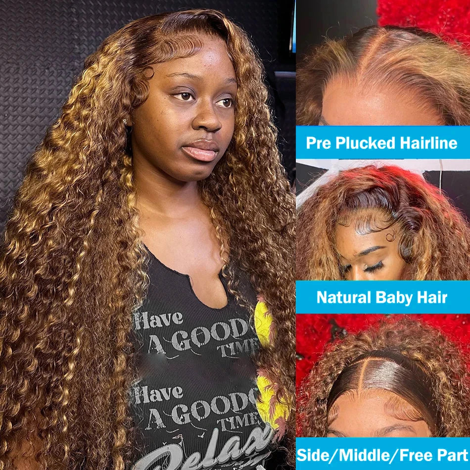 4/27 30 Inch Highlight Honey Brown Curly Lace Front Human Hair Wigs 13x6 Ombre Colored Deep Wave Lace Frontal Wigs Women ﻿