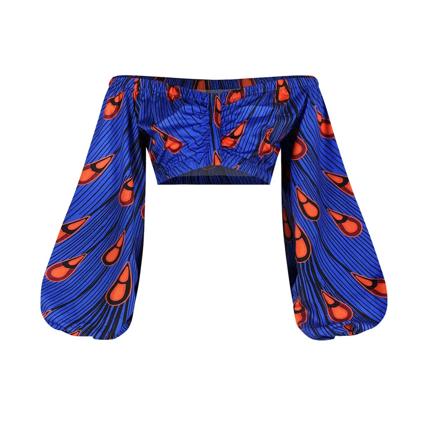 Afrikanische Kleider für Damen, Herbst, 2-teiliges Set, Damen, lange Ärmel, schulterfrei, mit Feder-Dashiki-Print, geteilte Röcke, afrikanische Kleidung
