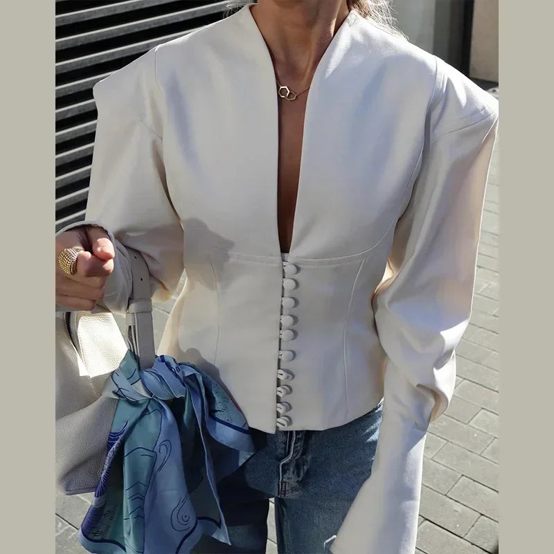 Urban White Women Blazer Coats Elegant Single Breasted V-neck Long Sleeve Female Jacket 2025 Autumn Office Lady Outwears