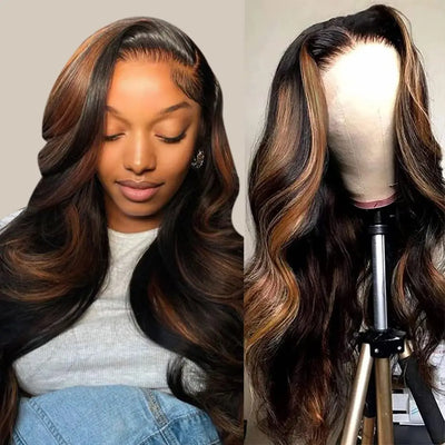 Ombre Highlight 13*4 Lace Front Perücke Echthaar 1B/30 Schwarzbraun Body Wave Perücken Transparente Spitze Brasilianisch Für Frauen 200 %