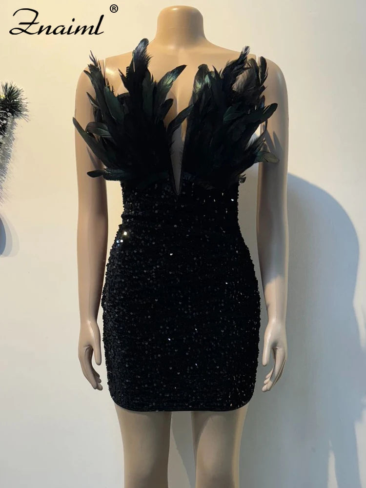 Znaiml Luxuriöse Geburtstagskleider für Damen, mit Federn, Pailletten, trägerlos, tiefem V-Ausschnitt, Schwarz, eng anliegend, Mini-Kleider, sexy Club Party Nacht Abschlussball Robe