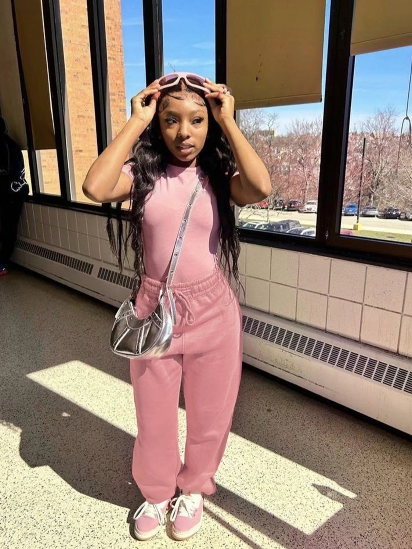 Two Piece Versatile Solid Color Sports And Leisure Set, Women's Cotton Slim Fit T-shirt Paired With Loose Jogging Pants