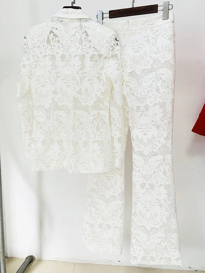 HIGH STREET Newest 2026 Designer Runway Suit Set Women's Single Button Guipure Lace Sequined Blazer Pants Suit