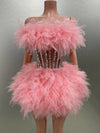 Hot Sale Women Sexy Mesh Ruffles Ball Gown Mini 2 Pieces Dress Lace-up Crystal Birthday Party Celebrate Nightclub Wear