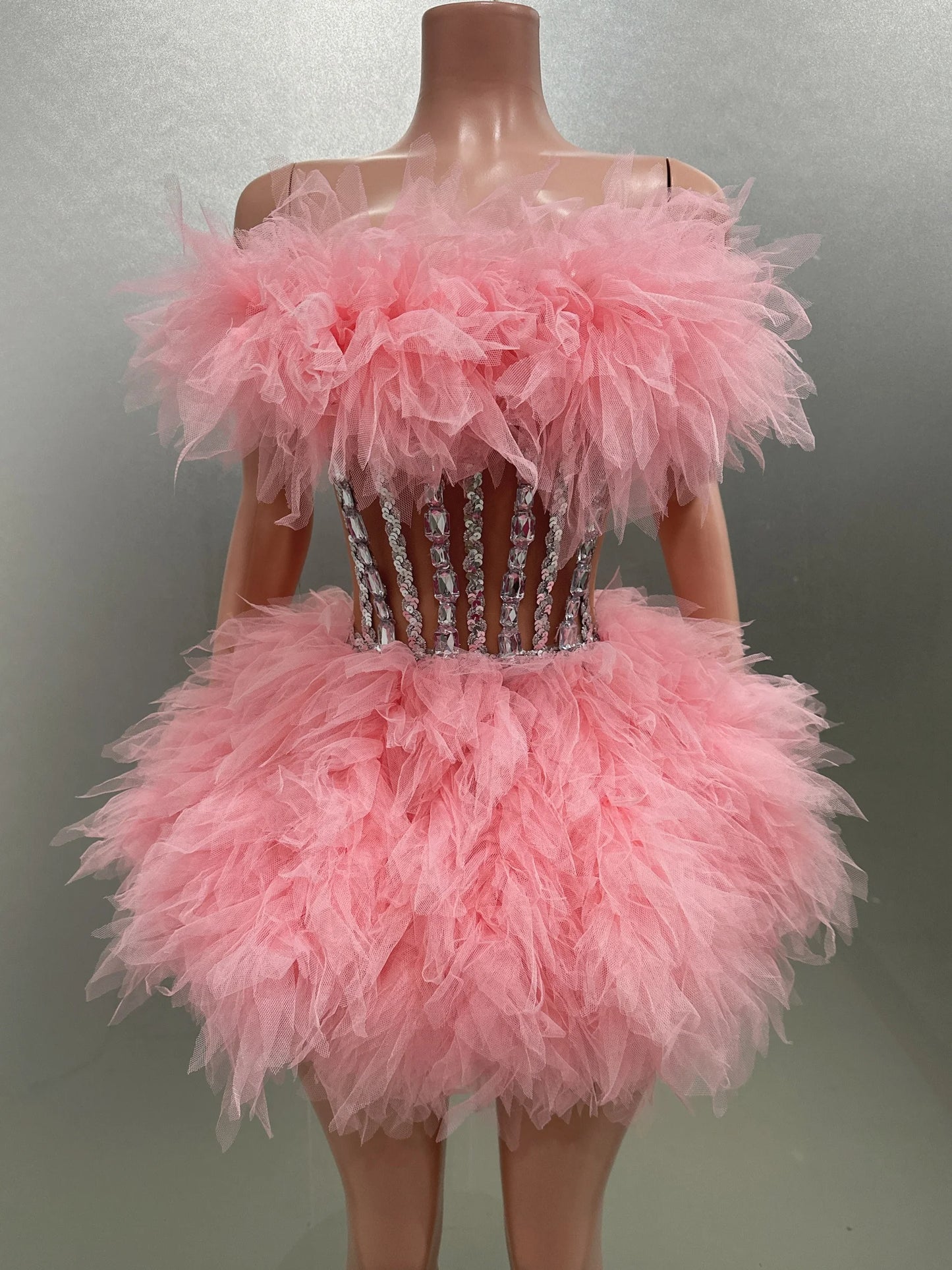 Hot Sale Women Sexy Mesh Ruffles Ball Gown Mini 2 Pieces Dress Lace-up Crystal Birthday Party Celebrate Nightclub Wear