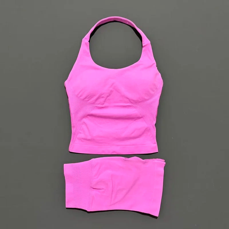 2 Pieces Sports Set Women Backless Halter Tops High Waist Seamless Hight Stretch Shorts Gym Suit Sportswear Workout Sets