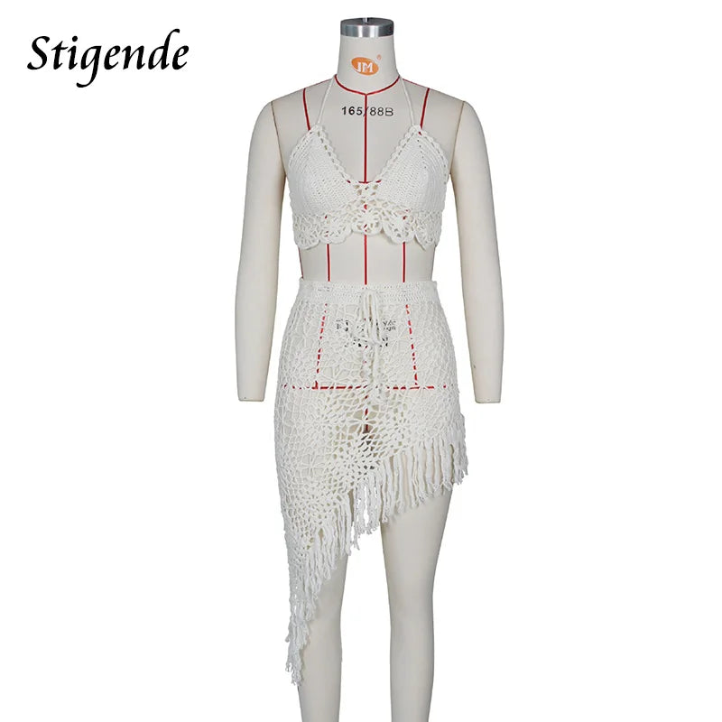 Stigende Women Irregular Two Piece Skirt Cover Up Summer Beach 2 Piece Knitted Swim Set Sexy Bandage Hollow Out Crochet Swimsuit