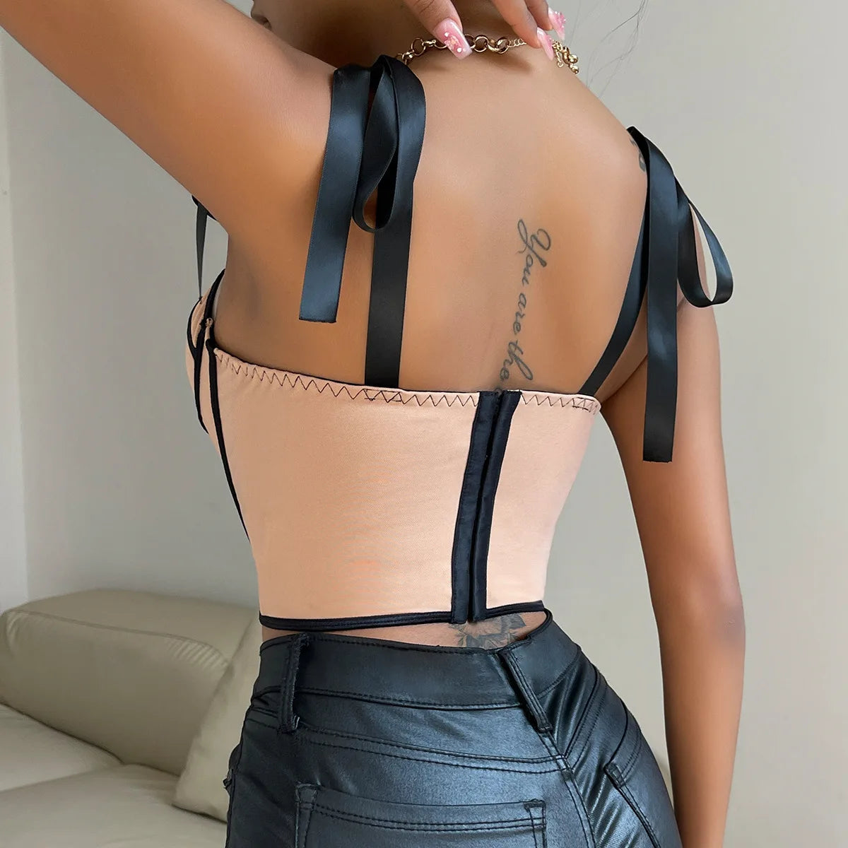 2024 New European and American Style Design Sensual Spice Girl Ribbon Strap Crop Tops Patchwork Stripe Fishbone Bandage Corsets