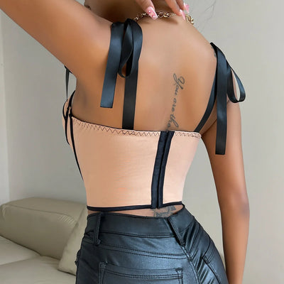 2024 New European and American Style Design Sensual Spice Girl Ribbon Strap Crop Tops Patchwork Stripe Fishbone Bandage Corsets