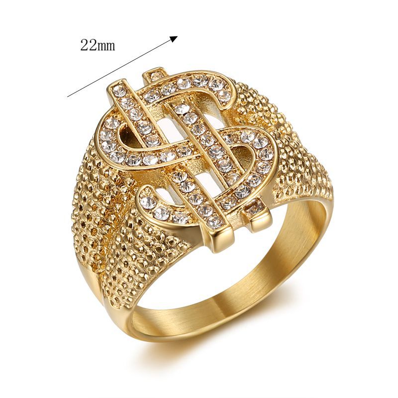 Stainless Steel Titanium Hip Hop US Dollar Money Sign Rich Bling Iced Out Punk Rings for Men Women Gift Fashion Jewelry