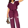 Elegant Women's Casual Short Sleeve T-shirt Sports Suit Summer Fashion Solid V Neck Short Top & Straight Pants Two Piece Sets