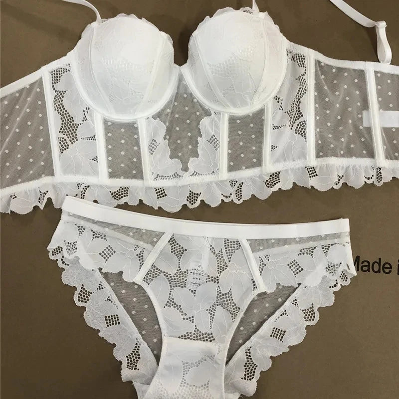 French Ladies Transparent Mesh Corset Sexy Shaper Thin Bra Set Night Club Sweet Cropped Top Girls Hot Bra and Panties Bralette