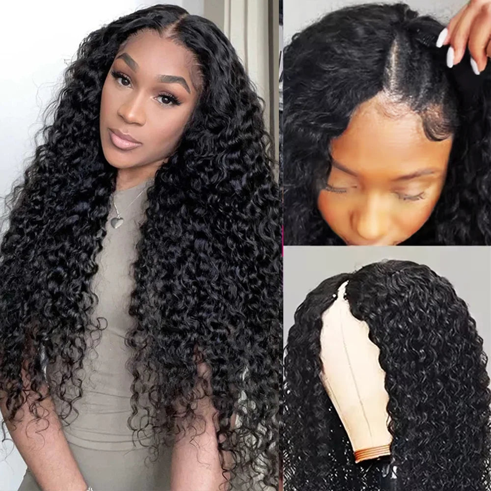 16-32 Inches Long Curly Brazilian Hair Wig For Women 200% Density V Part Wig Human Hair Natural Black V Shape Wig Hair Wigs