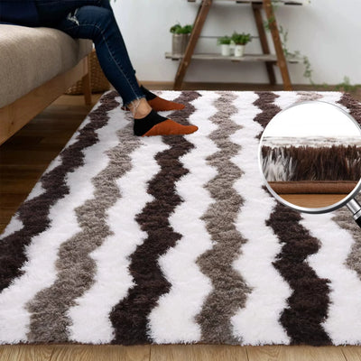 Weiche, zottelige Teppiche Plüschige Teppiche für Wohnzimmer Schlafzimmer Flauschige Teppiche Heimdekoration, 5x8ft, Streifen Braun