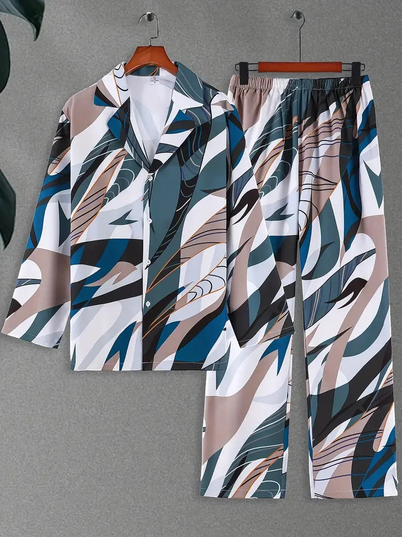 Long Sleeve Shirt Set Men's Geometric 3D Printed Button-up Shirt And Pants Set Men's And Women's Stylish Casual Simple Suit