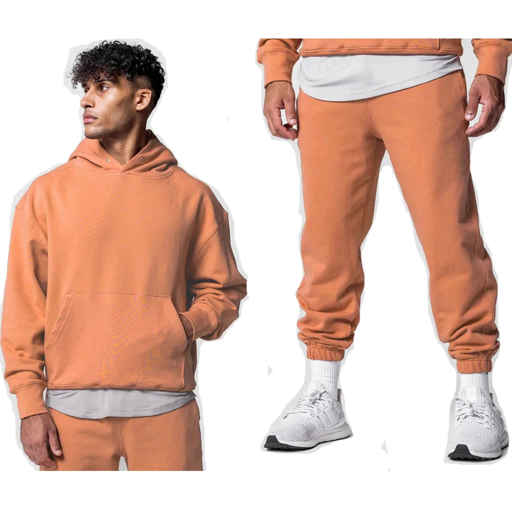 Men's Thick Cotton Training Sets Hoodie Casual Sports Pullover Hooded 2-piece Top with Pants Sweatshirts Gym Running Tracksuits