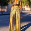 Bonboho Women's Solid Color Jumpsuit Deep V-neck Three-Quarter Sleeves High Waist Wide Leg Oe-piece Suit Summer Casual Jumpsuits