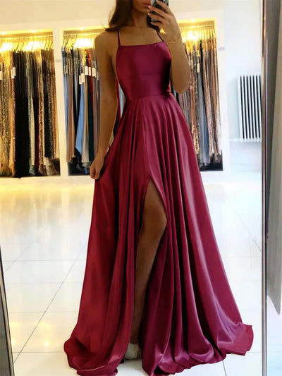 Burgunderrotes Satin-Strand-Maxikleid für Damen zu Weihnachten, sexy Seitenschlitz, verstellbare Träger, Abend-Ballkleid, günstige Brautjungfernkleider