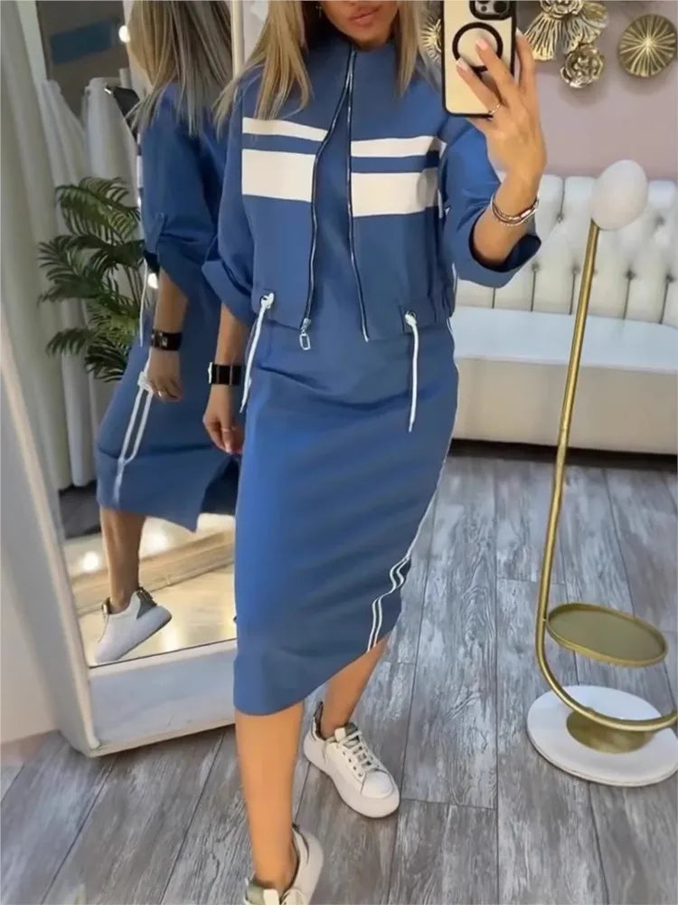 Women's Fashion Color-blocked White Striped Hip-covering Sweatshirt Dress 2piece Set Female Casual Zipper Jacket Coat Dress Suit