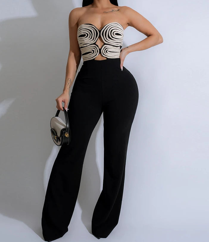 Damen-Jumpsuit 2025 Sommer Neu Temperament Modisch Sexy Ärmellos Gewebtes Band Trägerlos Rückenfrei Party Gerader Jumpsuit