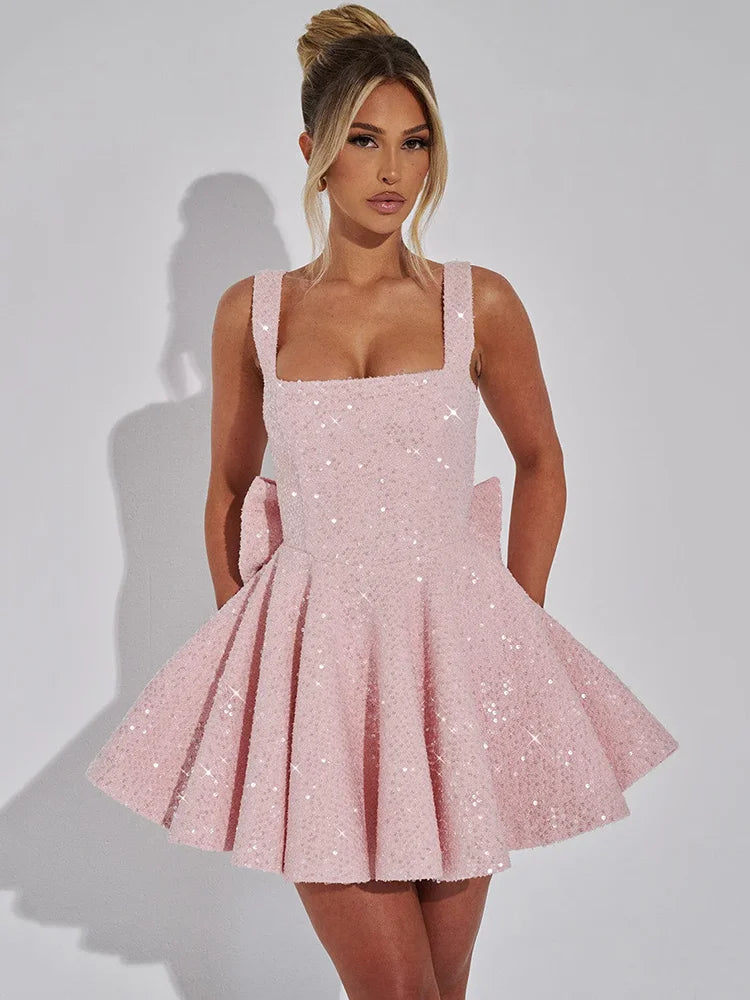 Mozision Pailletten-Kleid mit Schleife am Rücken, rückenfrei, sexy Mini-Kleid für Damen, modisches Etuikleid mit eckigem Ausschnitt, ärmellos, hohe Taille, A-Linie, Clubkleid