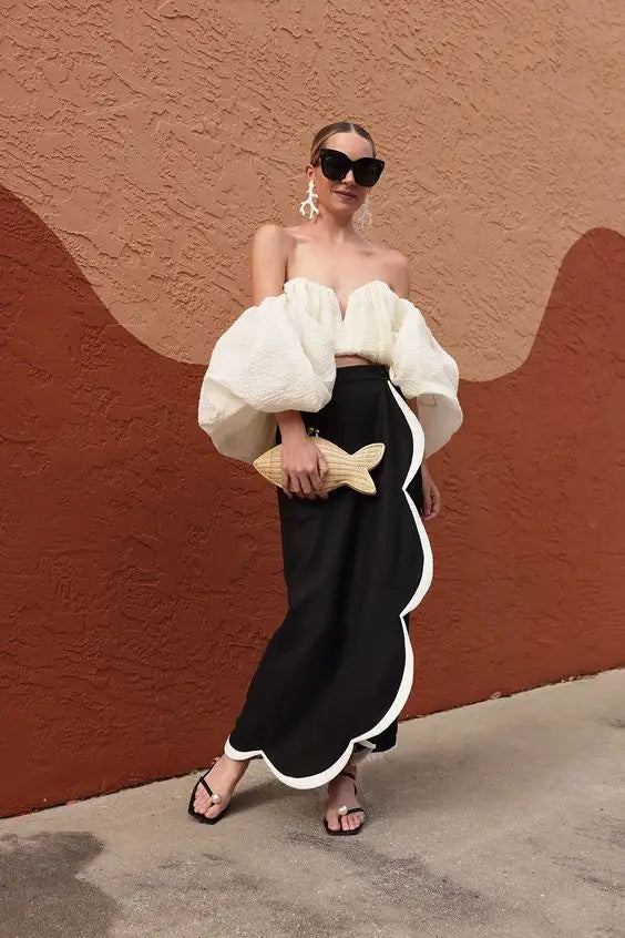 black satin long Skirts Fashion Women Prom Party Formal Wear White Edge Lady Skirt  Wedding Guest  Saias Long Party Gowns