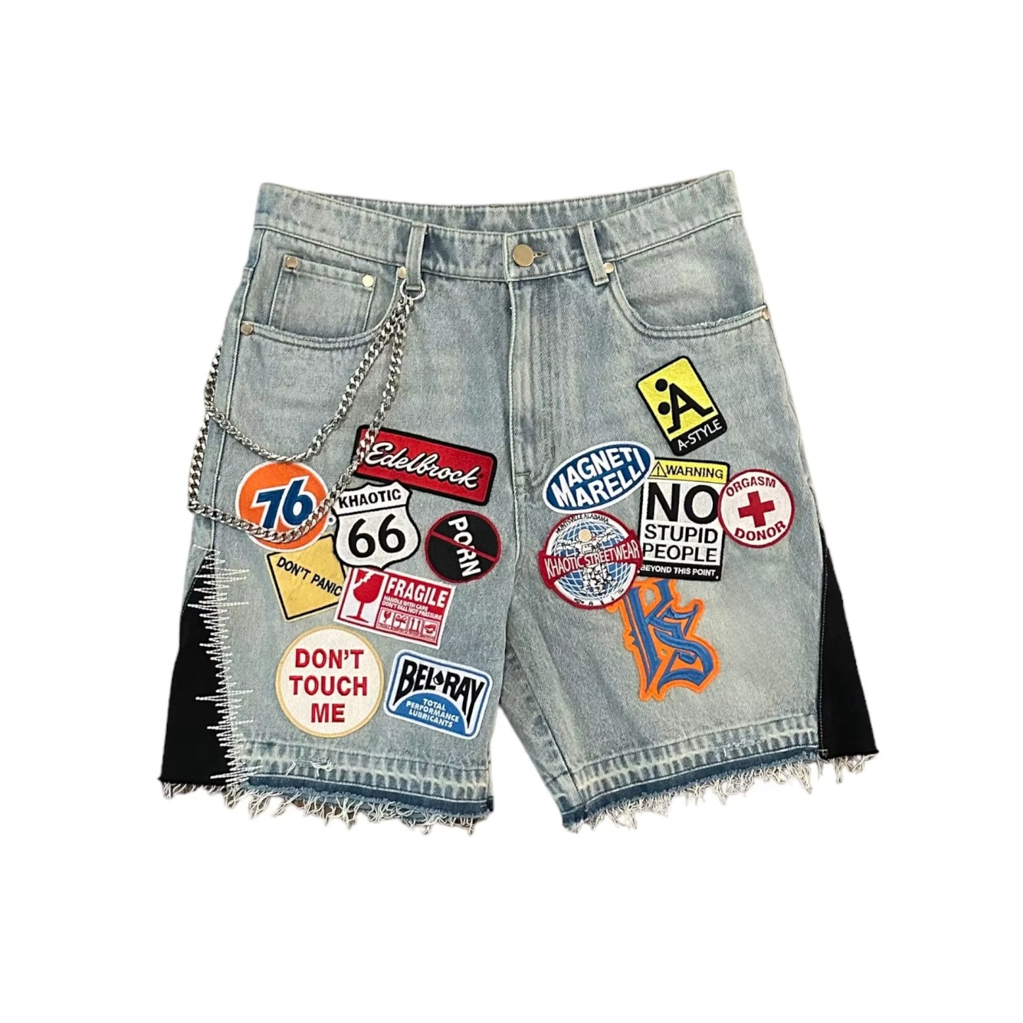 Retro Blaue Streetwear Patchwork Denim Shorts Y2K Jeans Herren Damen Hip Hop Cartoon Grafiken Lose Camo Denim Fitness Freizeit Shorts