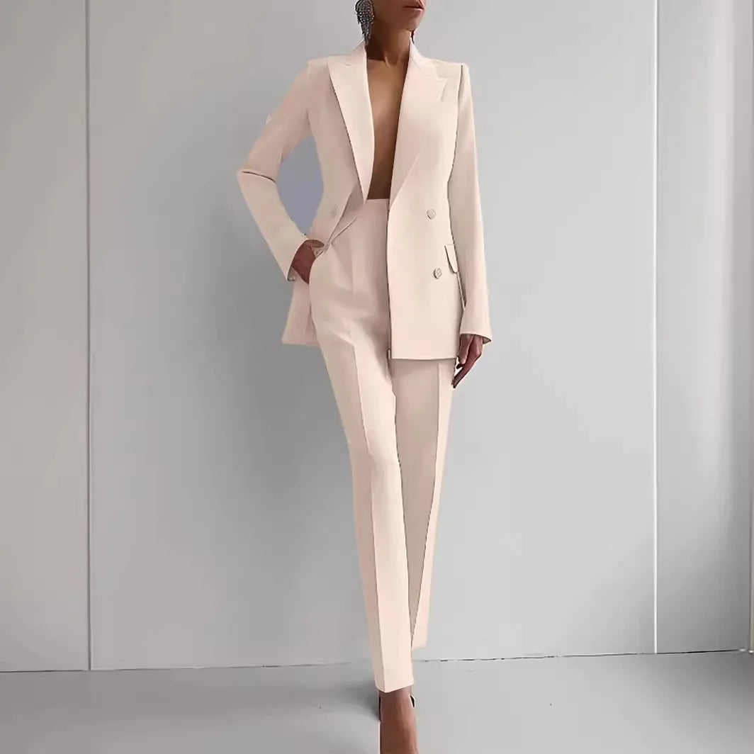 Pant Suits Women Blazer Double Breasted Blazers Ankle Length Pencil Pants Two Pieces Solid Office Lady Summer Slim Fit 2025