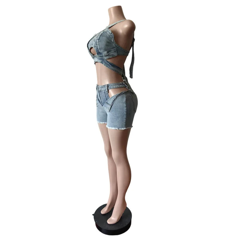 CM.YAYA Fashion Denim Cutout Women's Set Wrap Strap Crop Top and Shorts Jeans 2025 Summer Two 2 Piece Sets Outfits Tracksuit