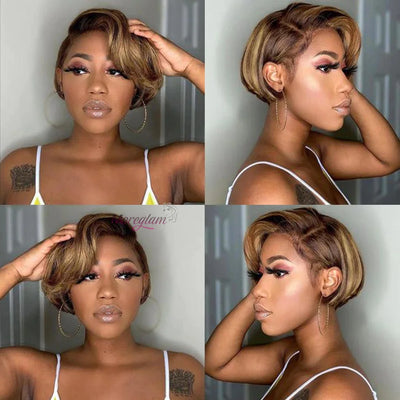 Kurze Bob Perücke Pixie Cut Perücke Glatte Echthaarperücken 13x4 Transparente Lace Front Perücke Für Frauen Highlight Glatte Pixie Cut Perücke