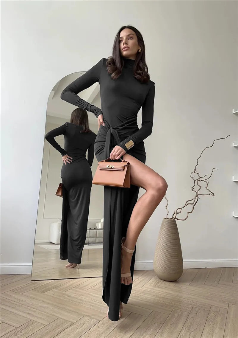 Mozision Rollkragen Oberschenkelhohes Schlitz Sexy Maxikleid für Damen Mode Langarm Drapierte Bandage Bodycon Club Langes Kleid