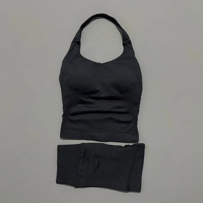 2 Pieces Sports Set Women Backless Halter Tops High Waist Seamless Hight Stretch Shorts Gym Suit Sportswear Workout Sets