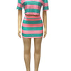 Beyprern Stylish Green Blue Striped Polo Skirt Set Two-Piece Dress For Women Short Sleeve Striped Tracksuits Set Night Clubwear