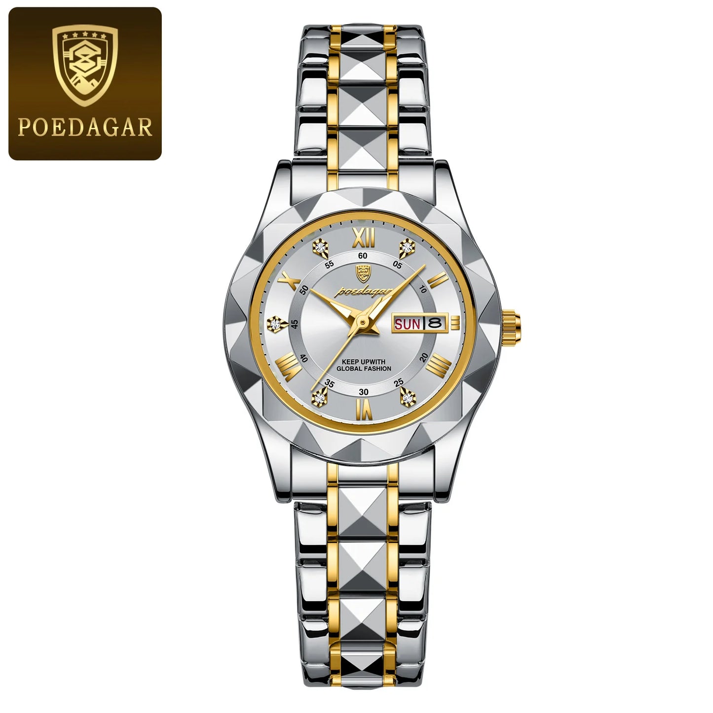POEDAGAR Luxuriöse Damen-Kleideruhr, leuchtend, wasserdicht, Wochen- und Datumsanzeige, Damenarmbanduhr, Edelstahl-Damenquarzuhr reloj+box
