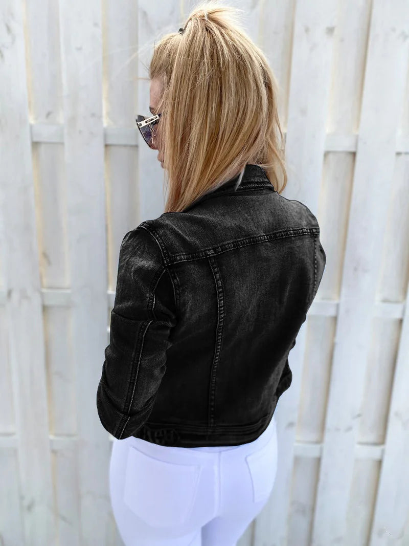 Damen-Jeanjacke lässig schmal 2025 Frühling Herbst einfarbig Langarm Umlegekragen Cowboy-Mantel Mode Jeansjacke Übergröße