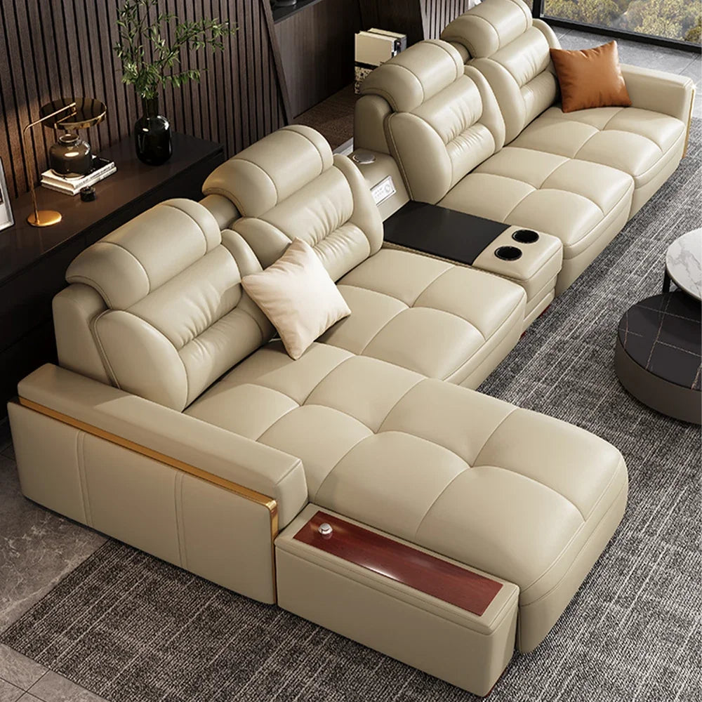 Premium italienische Echtleder-Ecksofas Sofagarnituren mit USB und Bluetooth Lautsprecher – MANBAS Wohnzimmermöbel