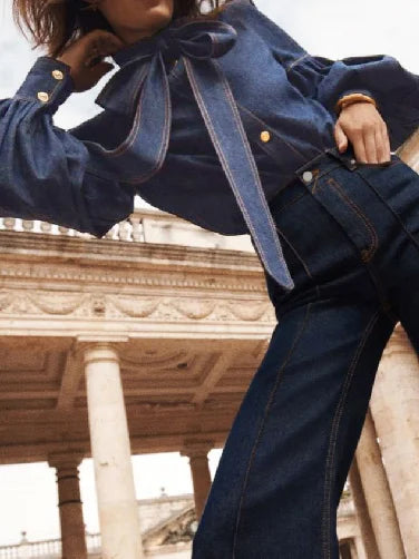 Gymystars Neue Trendige Imitation Jeans Blusenoberteile für Damen, lange Puffärmel, Schleifenverzierung, hoher Hals, Damen Herbsthemden