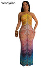 Neue Gradient Strass Tie-Dye Print Neckholder Meerjungfrau Lange Kleider Damen Rückenfrei Ärmellos Schmal Geburtstagsparty Abschlussball Vestidos