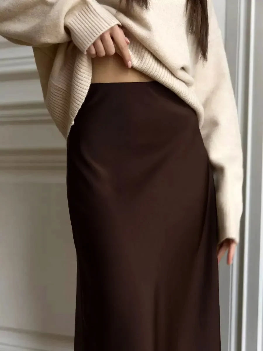 Wolfeel Freizeit Satin Damenrock Frühling Sommer Mode Locker Hoher Bund Maxi Röcke Elegant Einfacher Satin-Fischschwanzrock