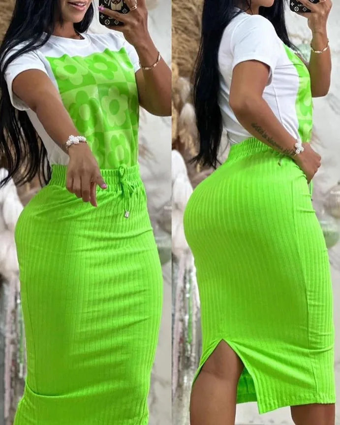 Lässiges Kurzarm-T-Shirt-Kleid-Set Büro-Dame Frühling Sommer Elegante bedruckte Oberteile Uni-Rock Zweiteiliges Set Damen-Outfit 2024
