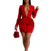 New Sexy Deep V Ruffle 3D Rose Floral White Mini Dresses Woman Long Sleeve Slim Bodycon Vestidos Elegant Birthday Prom Clubwear