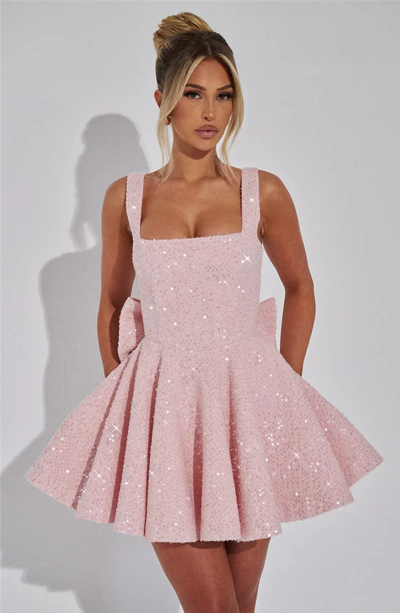 Mozision Pailletten-Kleid mit Schleife am Rücken, rückenfrei, sexy Mini-Kleid für Damen, modisches Etuikleid mit eckigem Ausschnitt, ärmellos, hohe Taille, A-Linie, Clubkleid
