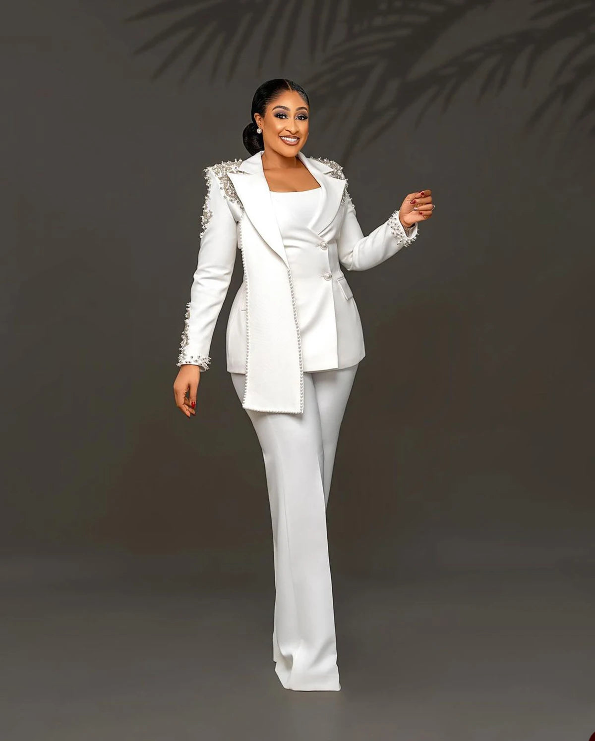 Customized Unique Design Beads Women Pants Suits White Wedding Blazer Jacket Guest Wear Slim Fit 2 Pieces