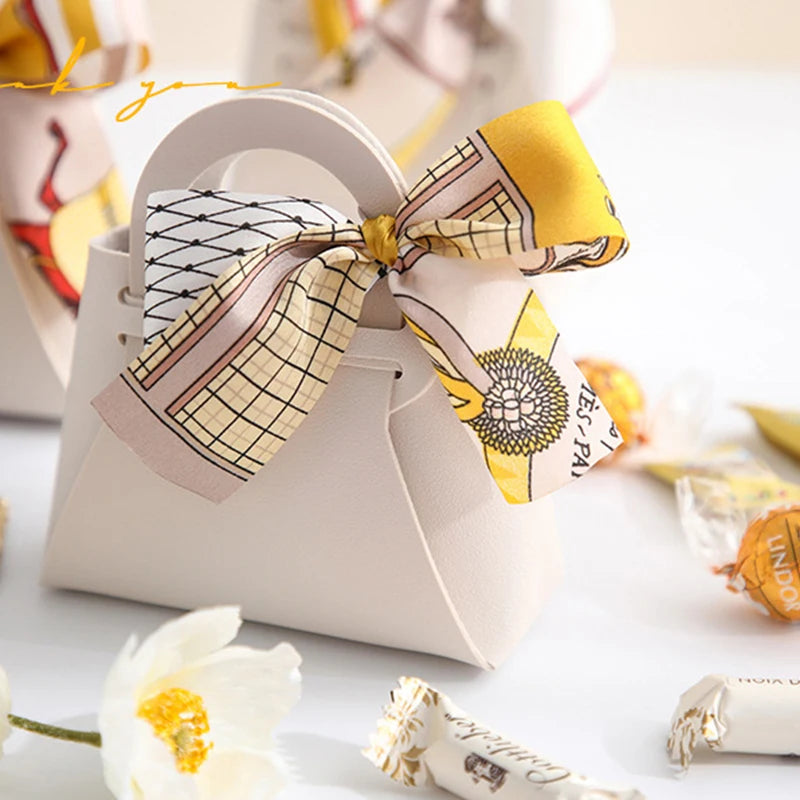 Mini Handbag With Ribbon Creative Foldable PU Leather Kids Gilrs Princess Handbag Coin Purses Wedding Decor Candy Bag Key Pouch