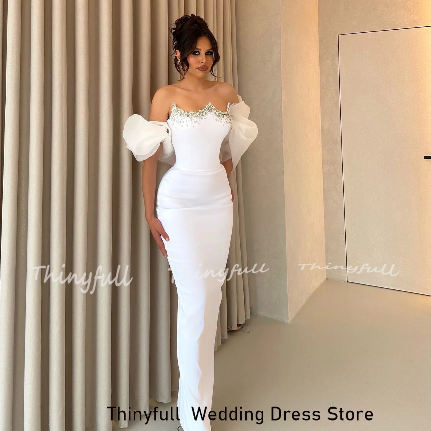 Thinyfull Mermaid Satin Arab Prom Dresses Strapless Sleeveless Crystal Evening Gown Long Formal Dress Robe De Soirée Customized