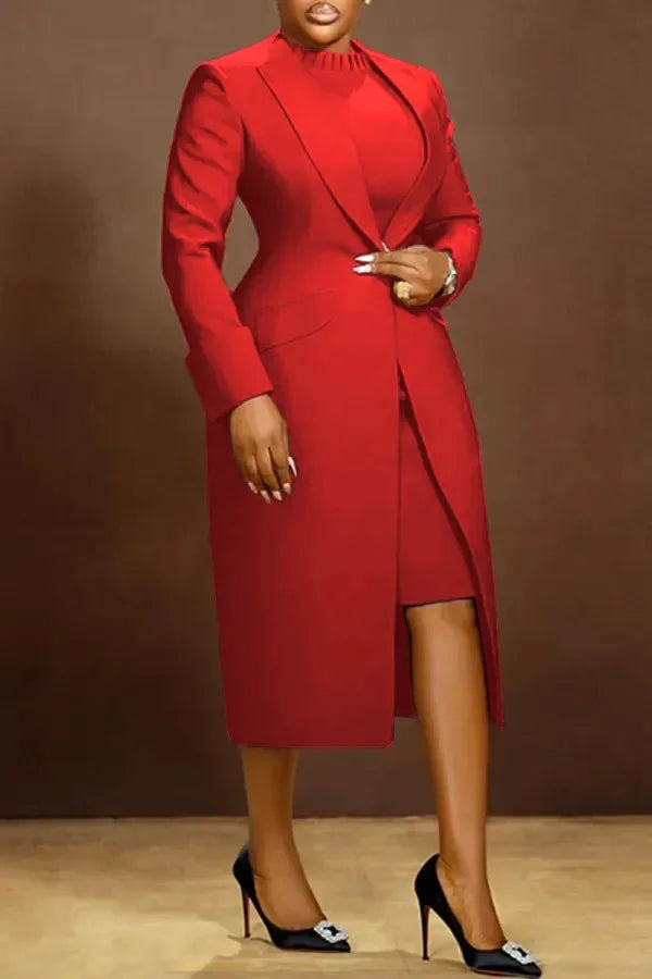 HLJ High Quality Elegant Office Lady Blazer Two Piece Sets Women Lapel Long Sleeve Coat And Slim Dress Outfit Female Clothing