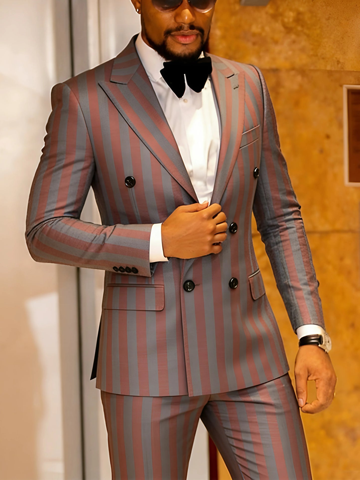 Men's Jacquard 2 Piece Suits Slim Fit Double Breasted Suit Jacket Pants Set Casual Wedding Casual Business
