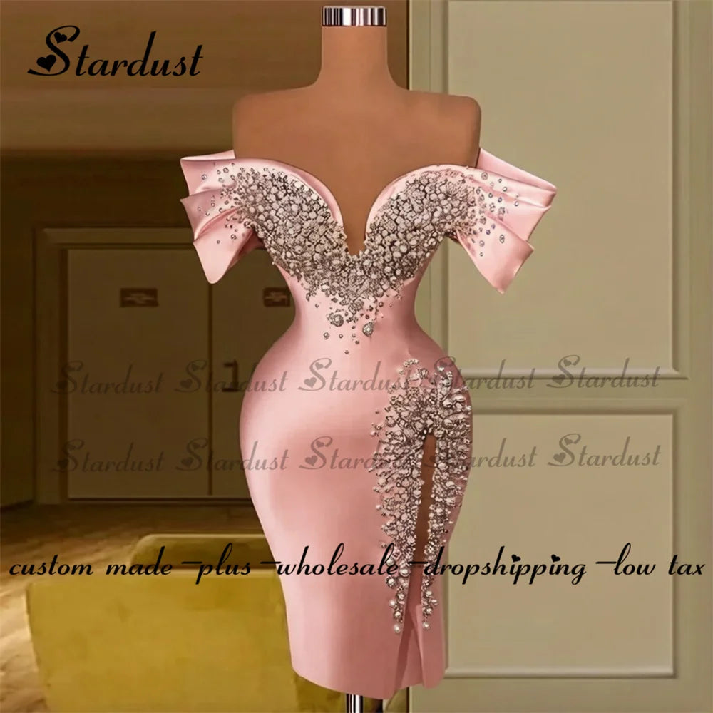 Stardust Luxury Off the Shoulder Homecoming Dress Pearls Slit Pleat Mini Saudi Arabric Illusion Cocktail Party Gown Customized