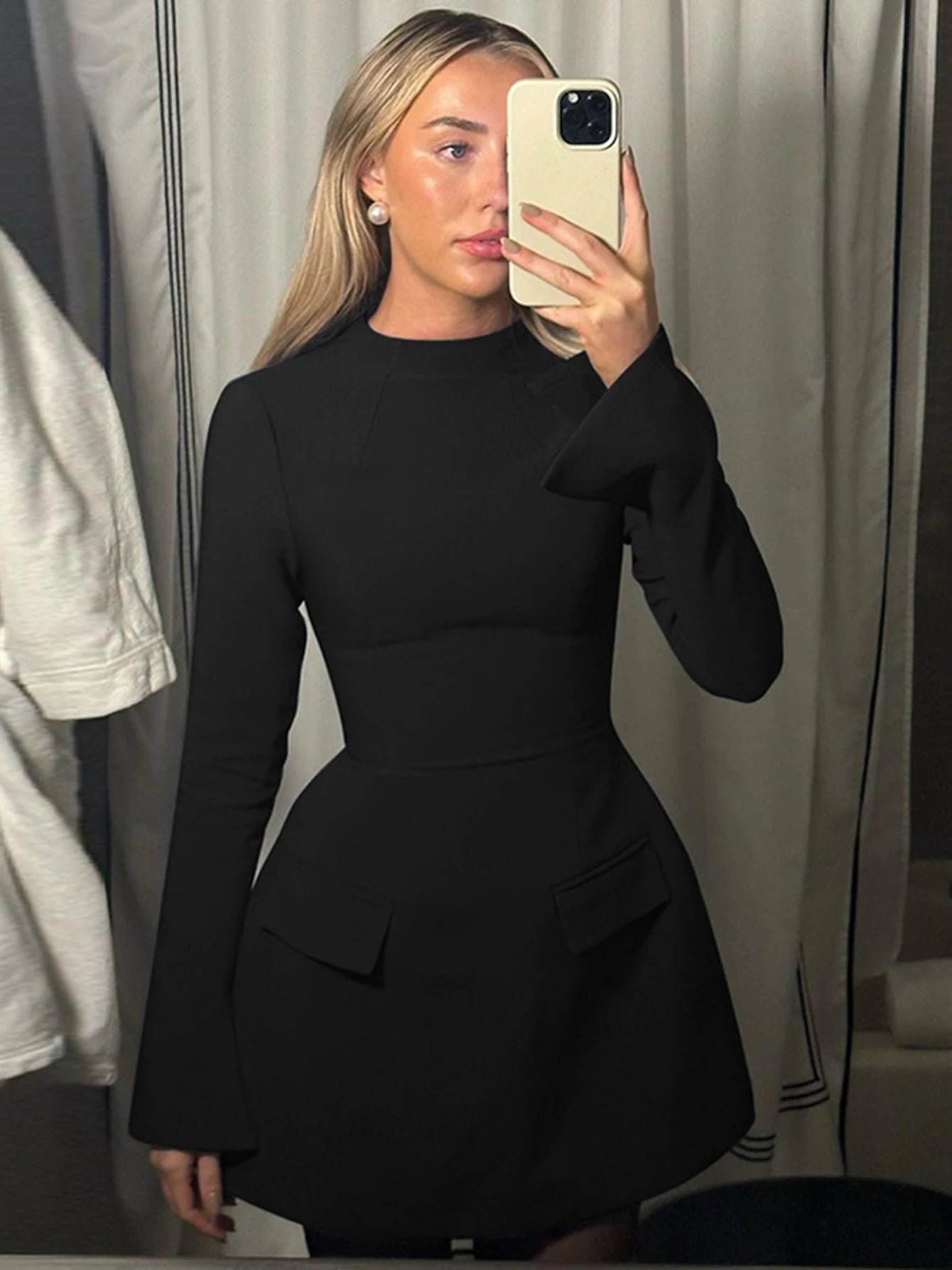 Hugcitar 2024 Frühling O-Ausschnitt Langarm Uni Patchwork Reißverschluss Sexy Bodycon Minikleid Damen Mode Outfits Geburtstagsparty Y2K